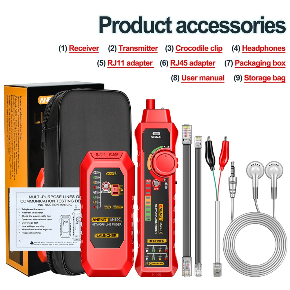RJ11/RJ45 Multifunction Network Cable Tracker Anti-Interference Lan Cable Testing Wire Checker Network Tool with Flashlight