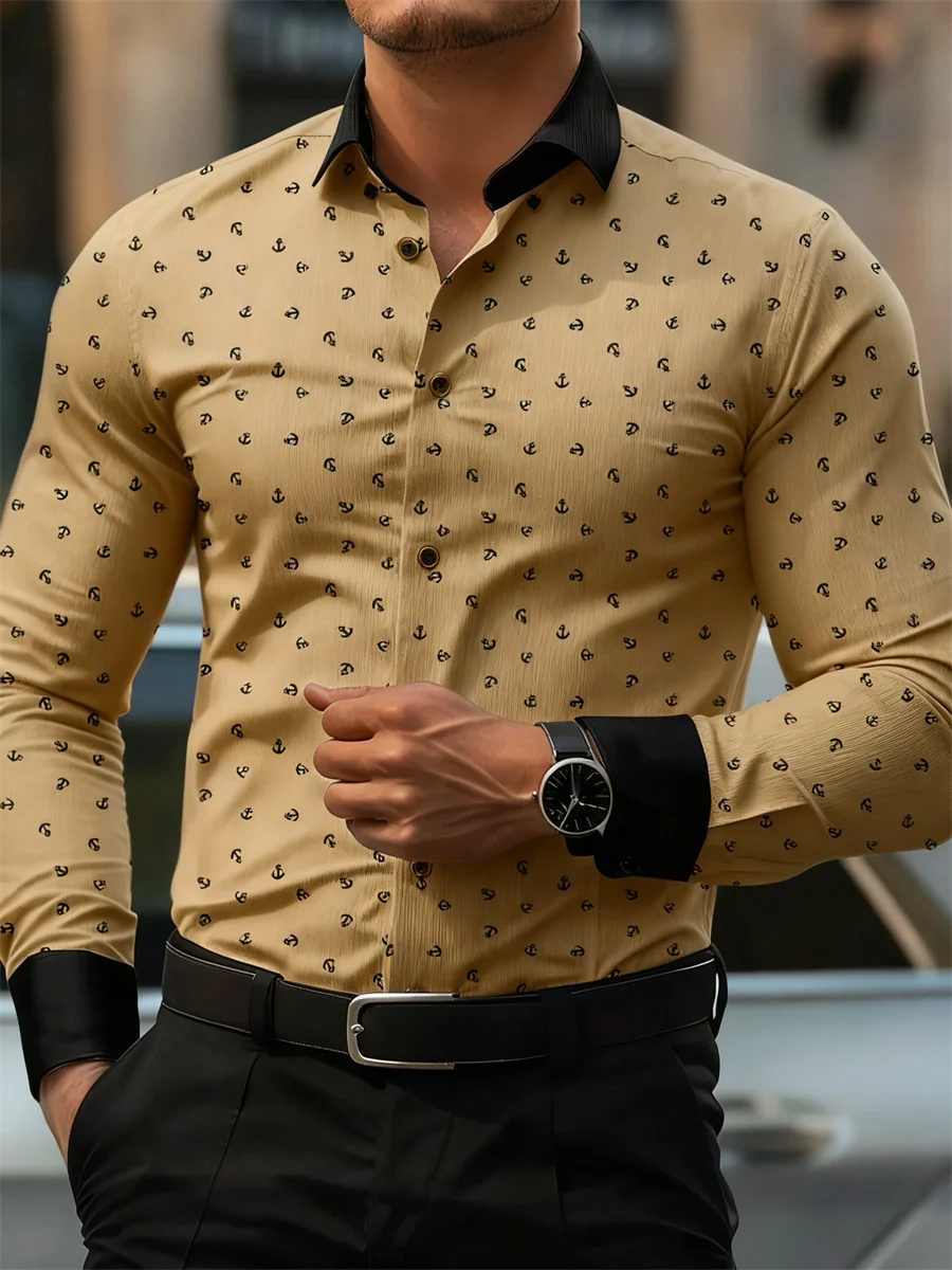 New Men's Fashion Anchor Print Contrast Color Lapel Long Sleeve Shirt Business Casual Slim Fit Non-iron Versatile Shirt XS-6XL