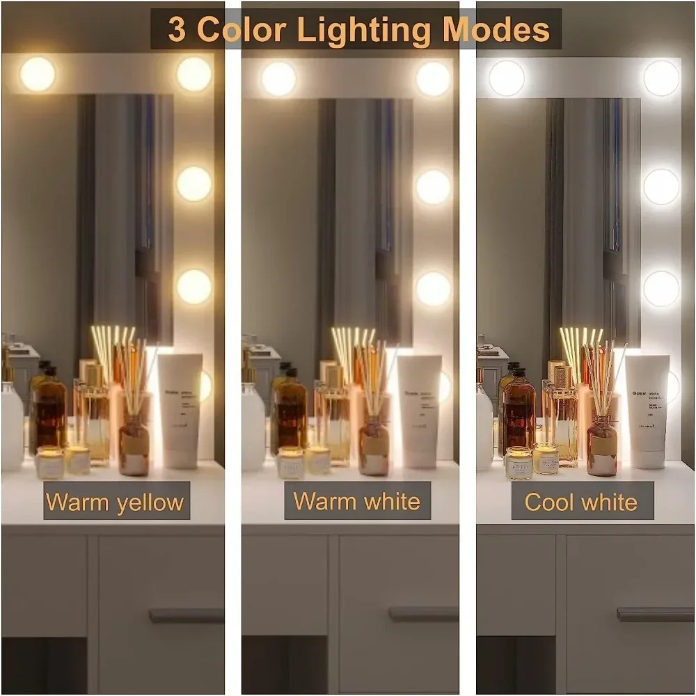 Vanity Desk with Stool Makeup Vanity Table Set 3 Color Lighting Modes Brightness Adjustable for Bedroom Girls
