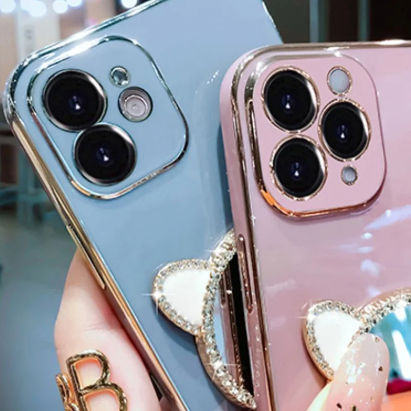 Plating Case For Samsung A34 A54 A53 A32 A33 A13 4G 5G A12 A73 A25 A31 A21S A14 Diamond Cute Cat Ears Make-up Mirror_voghion.com