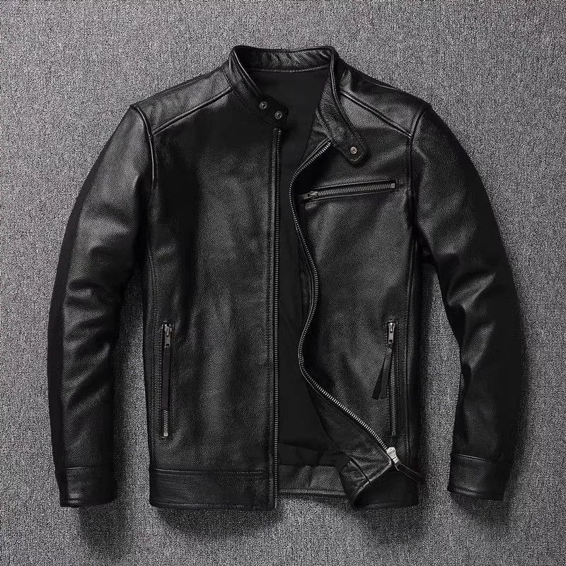 2026 Moda Vintage Motosiklet Ceketi Trend Erkek Deri Ceket Dik Yaka Kısa Kesim Hakiki Dana Derisi Biker Dış Giyim