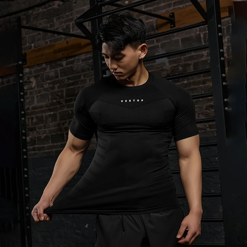 Vest Up American Slim-Fit Seamless Fitness Short Sleeve Men's Textured Short Sleeve High Elastic Anti-Wrinkle Men's T-Shirt