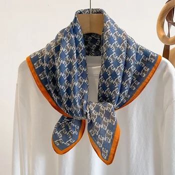 Blue Letter Printed Cotton Linen Square Scarf Women's Spring Autumn Winter Small Tie Gift Shoulder Shawl for Mom Trendy Silk