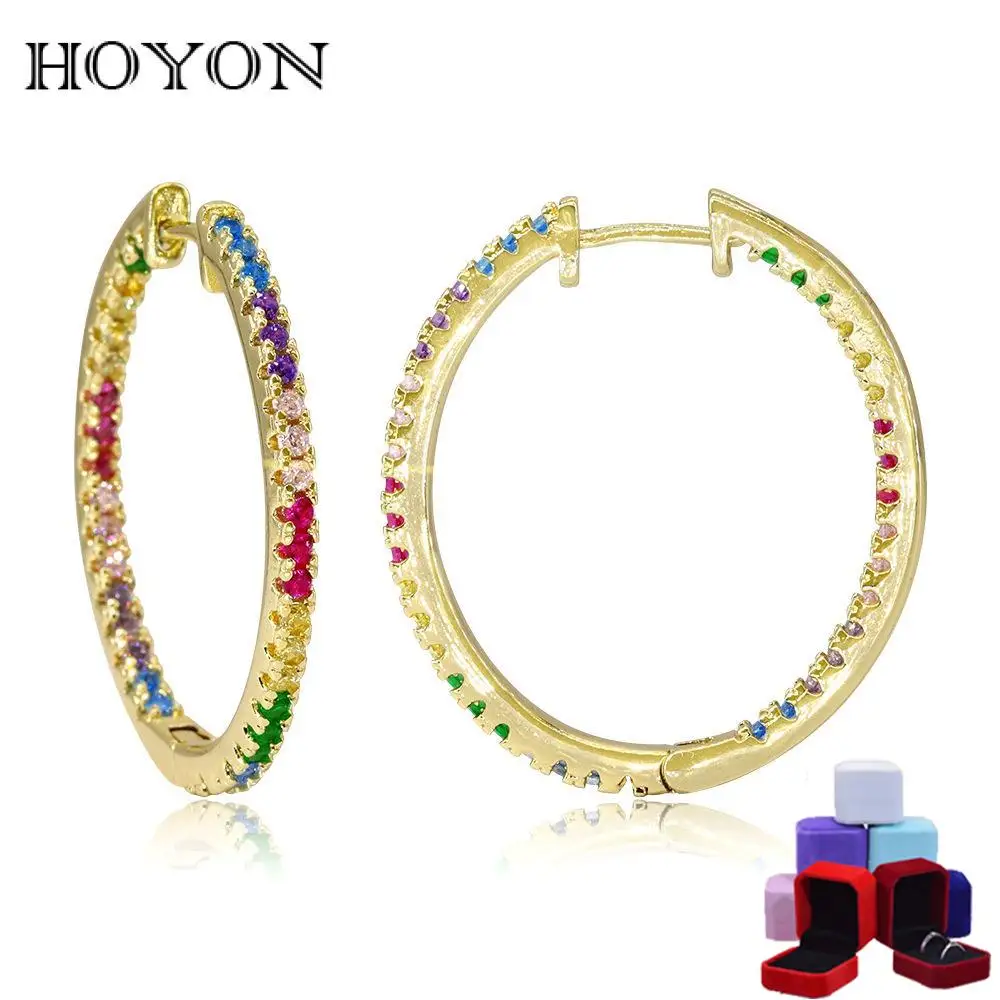 

HOYON 18K Gold Color Ruby Blue Green Gemstone AAA zircon 29mm large earrings women fashion gold hoop earrings round jewelry