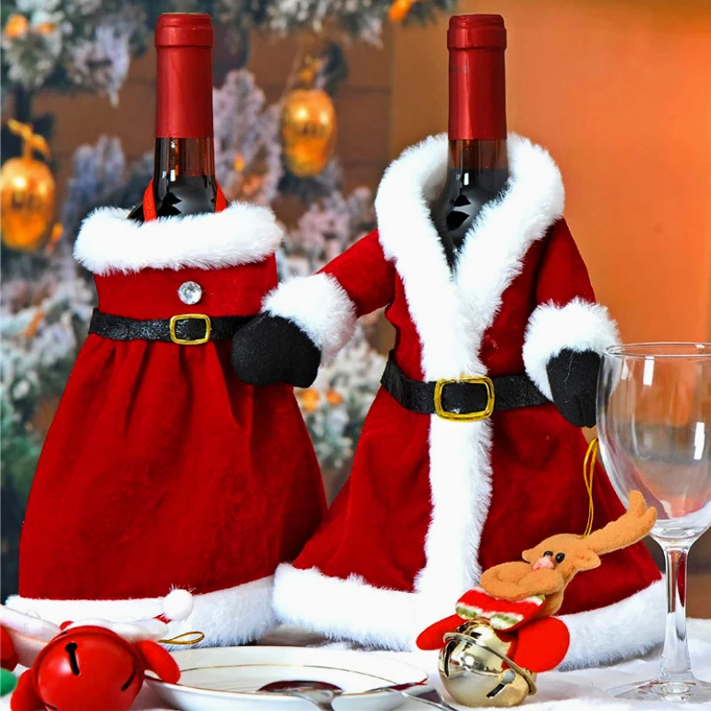 

Creative Christmas Wine Bottle Set Velvet Dress Wine Bottle Cover Wine Bottle Bag Sleeve Xmas New Year Dinner Table Decors