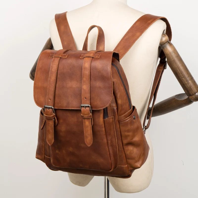 Retro trend handmade leather backpack men's business leisure leather backpack large capacity short-distance travel bag