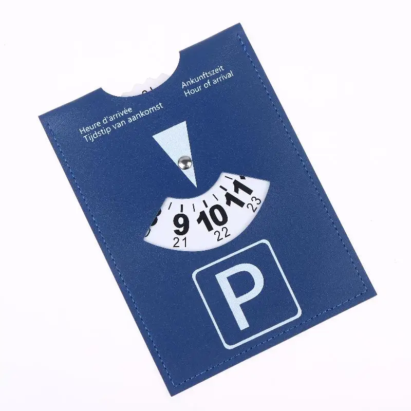 Blaue PU-Leder-Parkscheibe, 4-sprachige Version, langlebiger und wasserbeständiger Ankunftstimer für das Auto – universelles europäisches Design – Detail 10