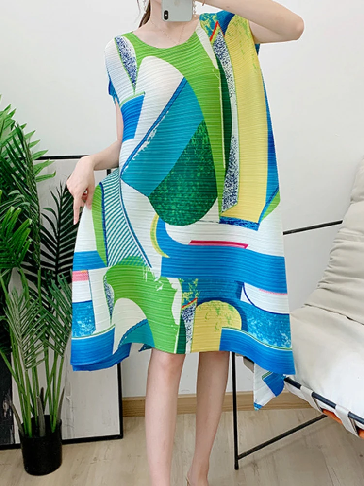 

Женское плиссированное платье без рукавов, свободное лоскутное платье контрастных цветов с круглым вырезом, Одежда большого размера для лета 2022