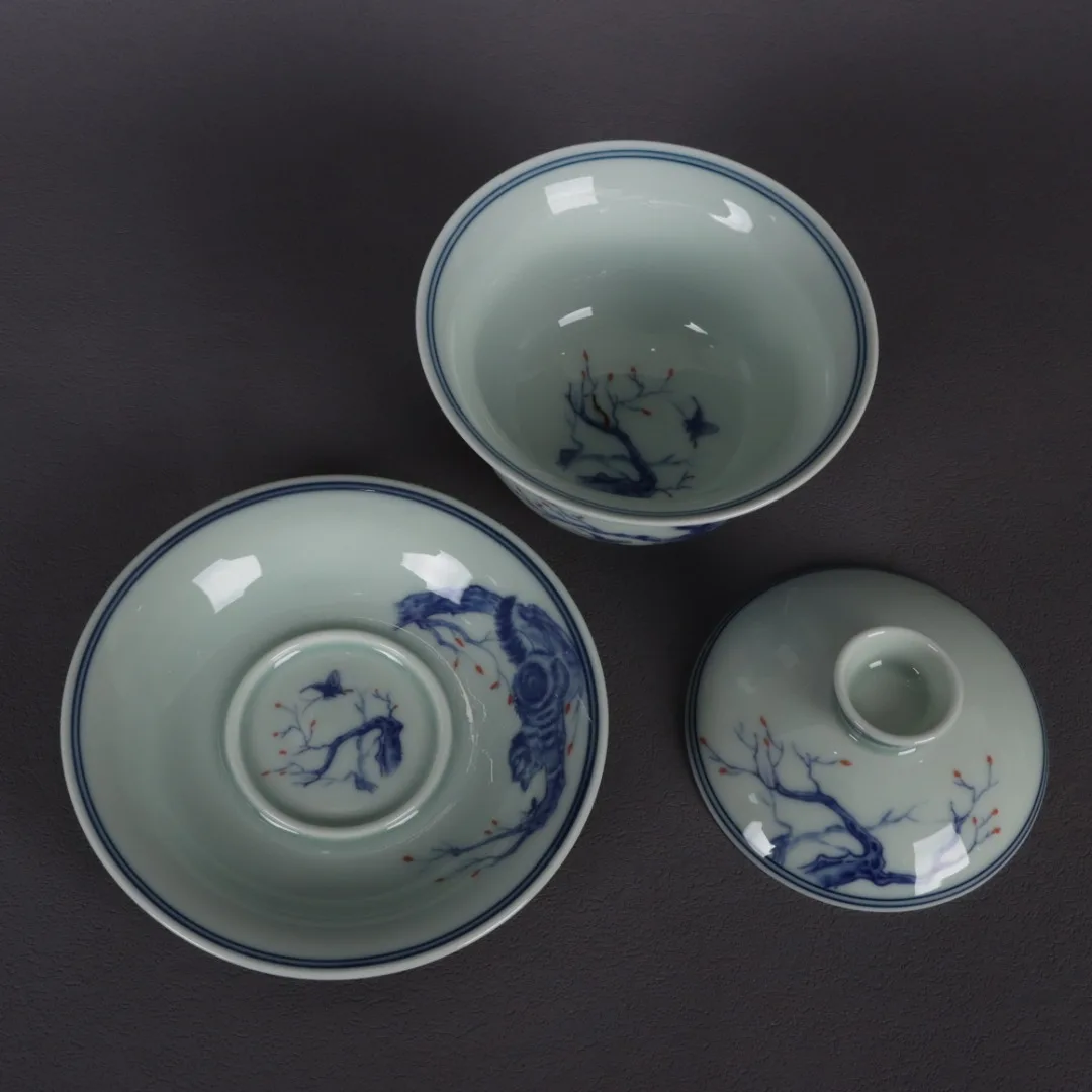 Blue And White Underglaze Red Lucky Cat Patterned Cover Bowl Chinese Style Retro Home Decoration Ornaments 5