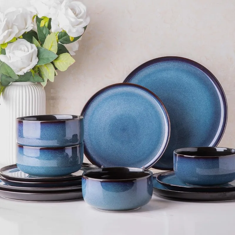 

Ceramic Dinnerware Sets of 4,Poreclain Plates and Bowls Sets,Handmade Reactive Glaze Dishes Set,Chip Resistant and Scratch