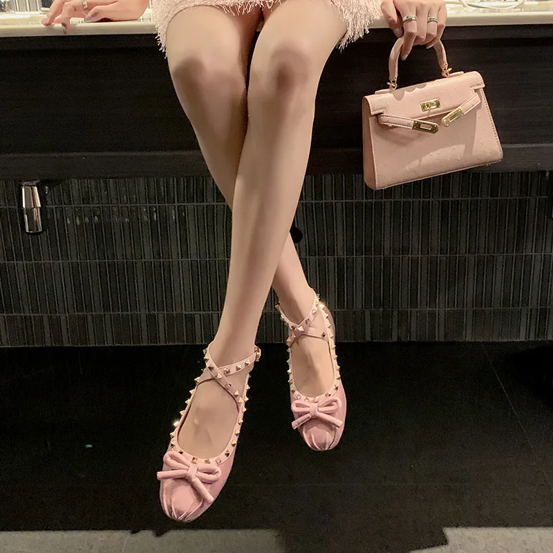 

MKKHOU Fashion Women's Shoes New High Quality Silk Rivet Ankle Buckle Strap Ballet Dance Shoes Sweet Style Lightweight Shoes