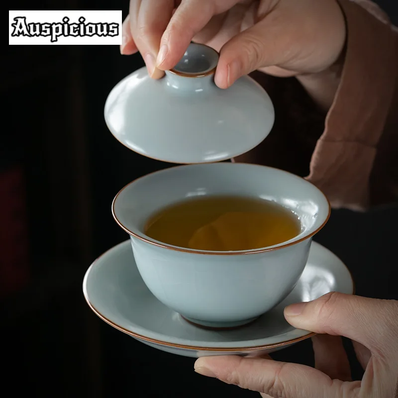 180ml Azure Ru Kiln Porcelain Gaiwan Aesthetic Opening Tea Lid Set Tea Tureen Household Maker Cover Bowl Teaset Supplie Gift