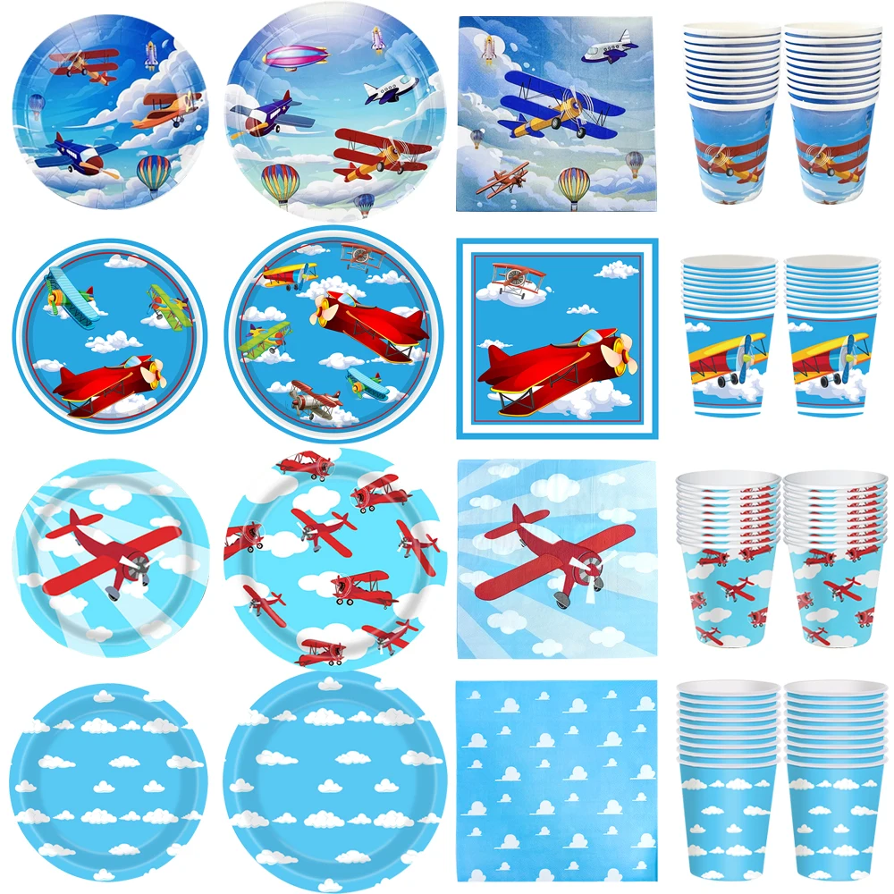 Flugzeug-Party Geburtstags-Dekorations-Set Papierflugzeug Kampfjet Blauer Himmel 7/9 Zoll Teller Servietten Becher für Party-Zubehör