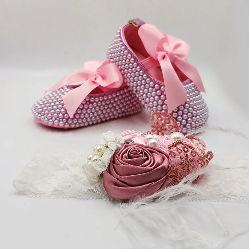 dollbling-flor-colorida-brilhante-bandana-rosa-perolas-sapatos-recem-nascidos-2-peca-conjunto-de-presente-sapatos-de-bebe-luxo