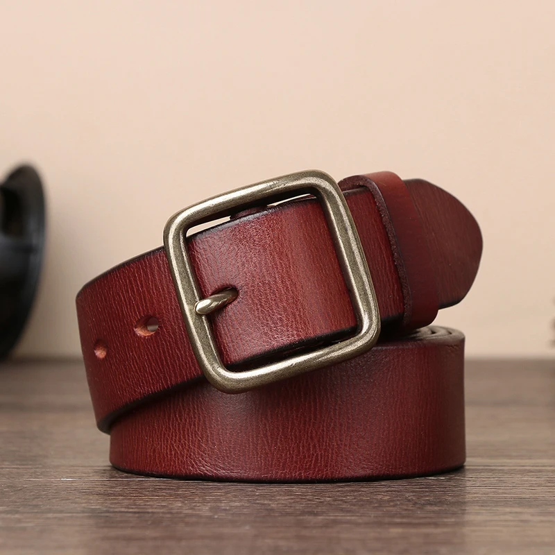 Vintage Handmade Leather Copper Buckle Man's Belt Cowhide Retro All-match Casual Jeans Soft Belts Lumbar Man