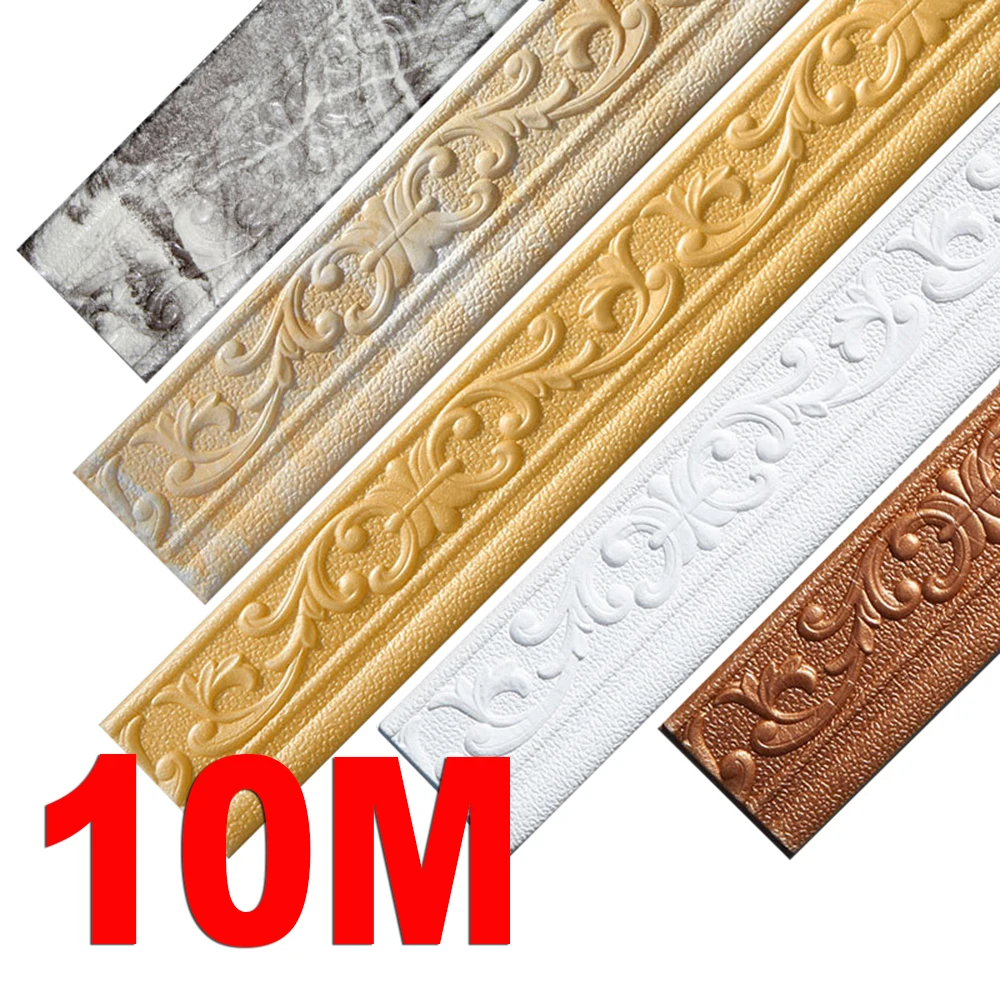 10m/roll Self-adhesive Foam Wall Border Strips Waterproof Wall Trim Line Wallpaper Skirting Border 3D TV Background Wall Sticker