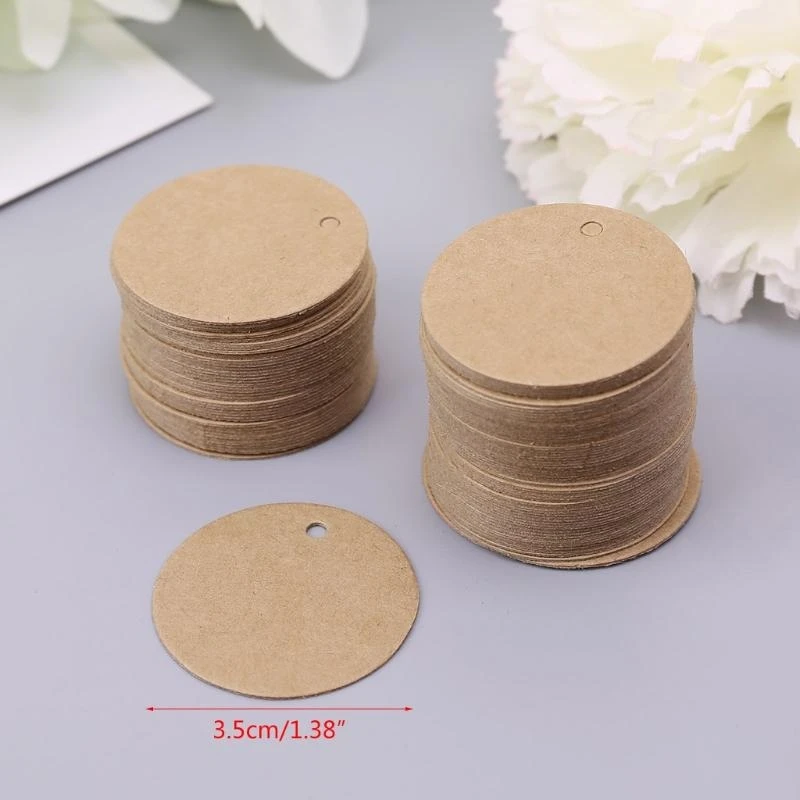 y3na 100x blank kraft 종이 행 태그 웨딩 파티 선호 레이블 가격 선물 카드 3.5cm