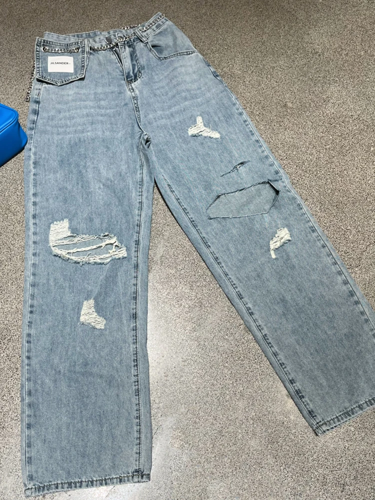 Vintage Jeans Pockets Holes Ripped Chain Denim Pants Y2K Loose Casual Wide Leg Trousers 2023 Fall Winter Streetwear Hip Hop