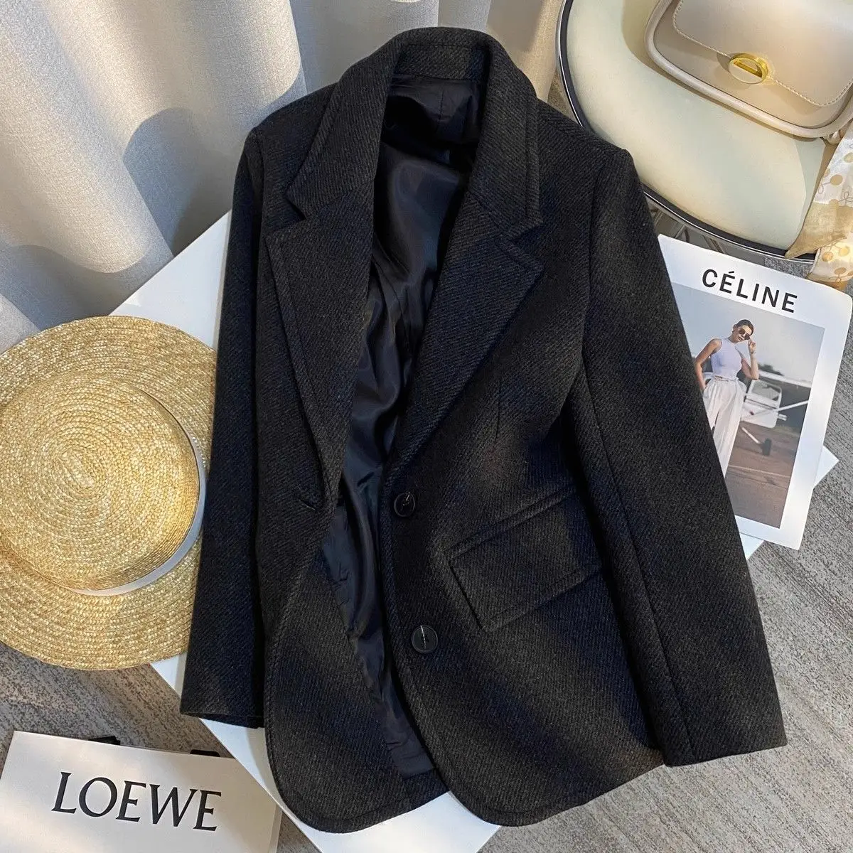 

High-grade Dark Gray All-match Women's Woolen Suit Jacket 2023 Autumn and Winter New Retro Street Fried Elegant Suit Coat Top