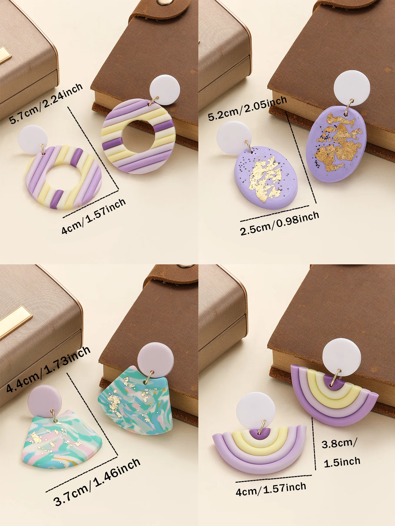 Artistic Lavender Rainbow Clay Earrings with Gold Foil Geometric Dangle