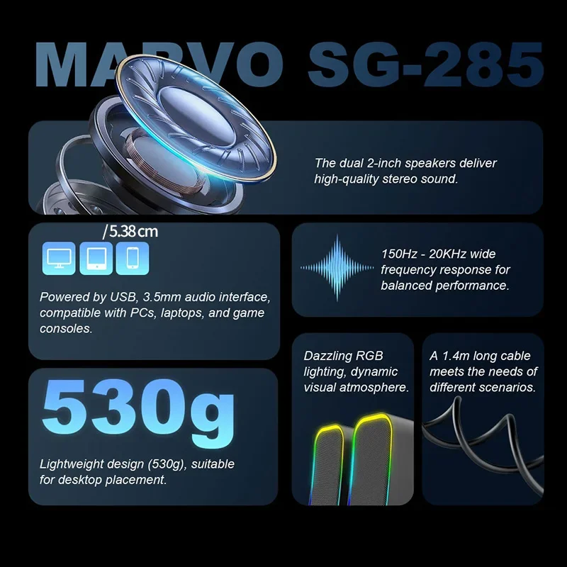 Marvo SG-285 유선 USB 스피커 RGB 조명 5 모드 스테레오 사운드 볼륨 조절 PC 용 전 범위 플라스틱 데스크탑 컴퓨터 스피커