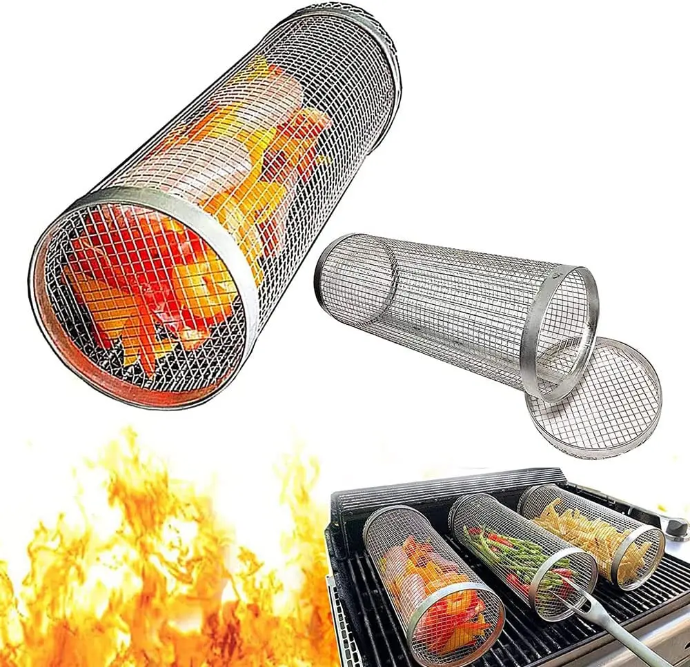 

Rolling Grilling Basket Stainless Steel BBQ Cylinder Grill Basket Mesh Portable Outdoor Camping Barbecue Rack