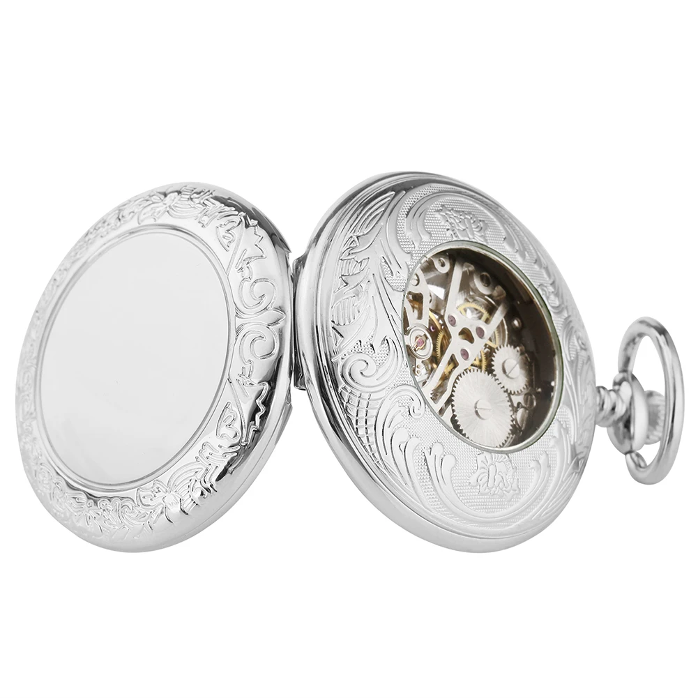 The Silvery Pocket Watch features a mechanical skeleton dial with exposed gears, intricate engravings, and an open silver case, highlighting its stunning inner workings.