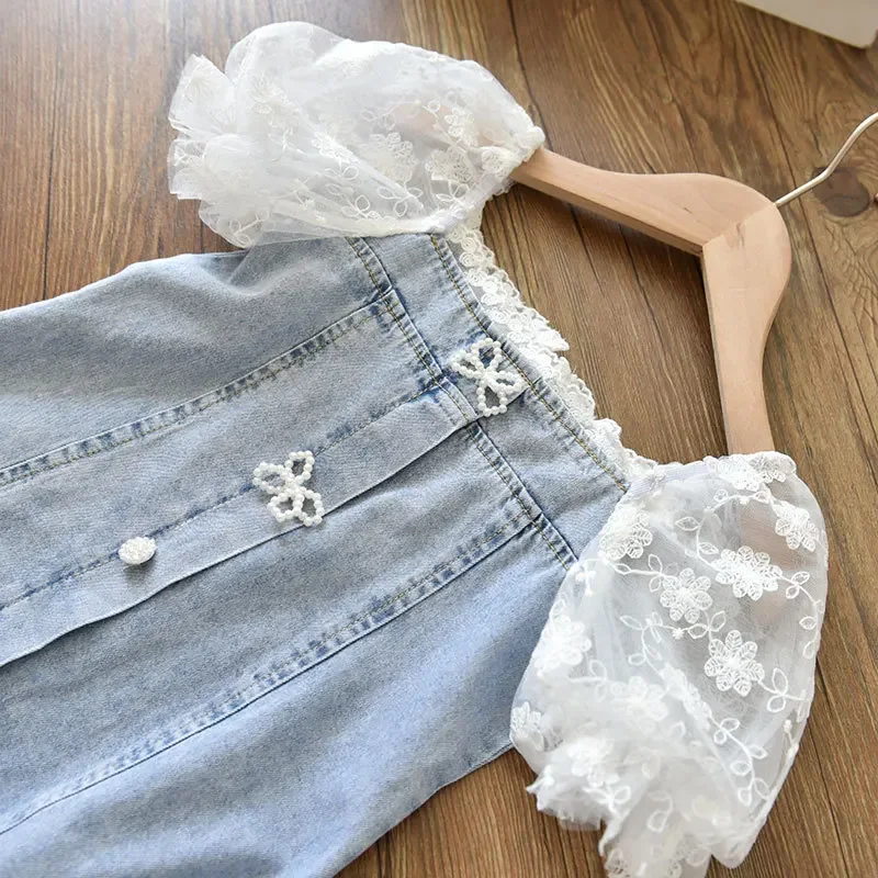 Girls Dress Children Girls Beads Lace Sleeve Denim Dress Toddler Summer Dress