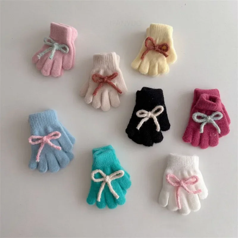 New Winter Cute Solid Color Bow Children Warm Gloves Girls Five Finger Gloves Korean Fashion Windproof Student Cycling Mittens 2
