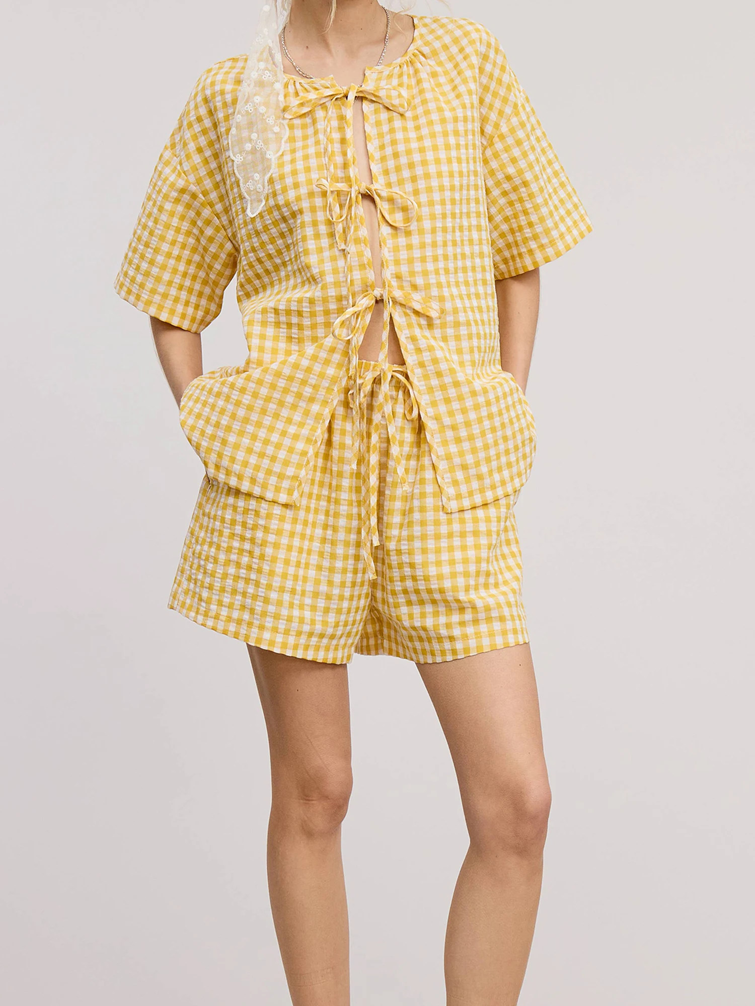 Women s Casual Summer Pajama Set with Short Sleeve O Neck Plaid Tops and Tie Front Shorts for Loungewear