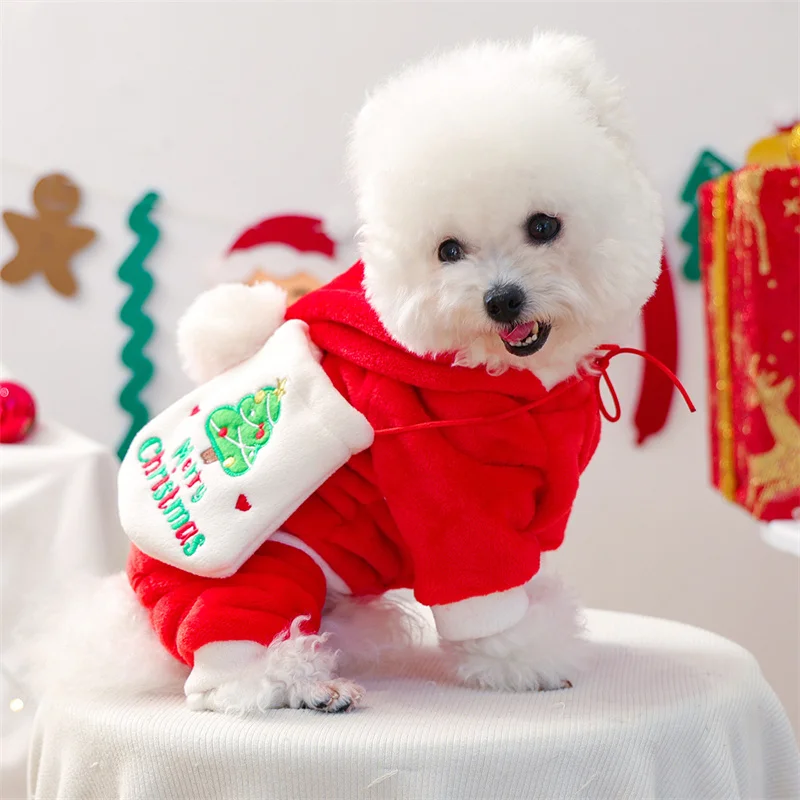 가방이 달린 양털 강아지 옷 작은 개를위한 빨간색 작업복 점프 슈트 Shih Tzu Dachshund 크리스마스 의상 강아지 잠옷 운동복