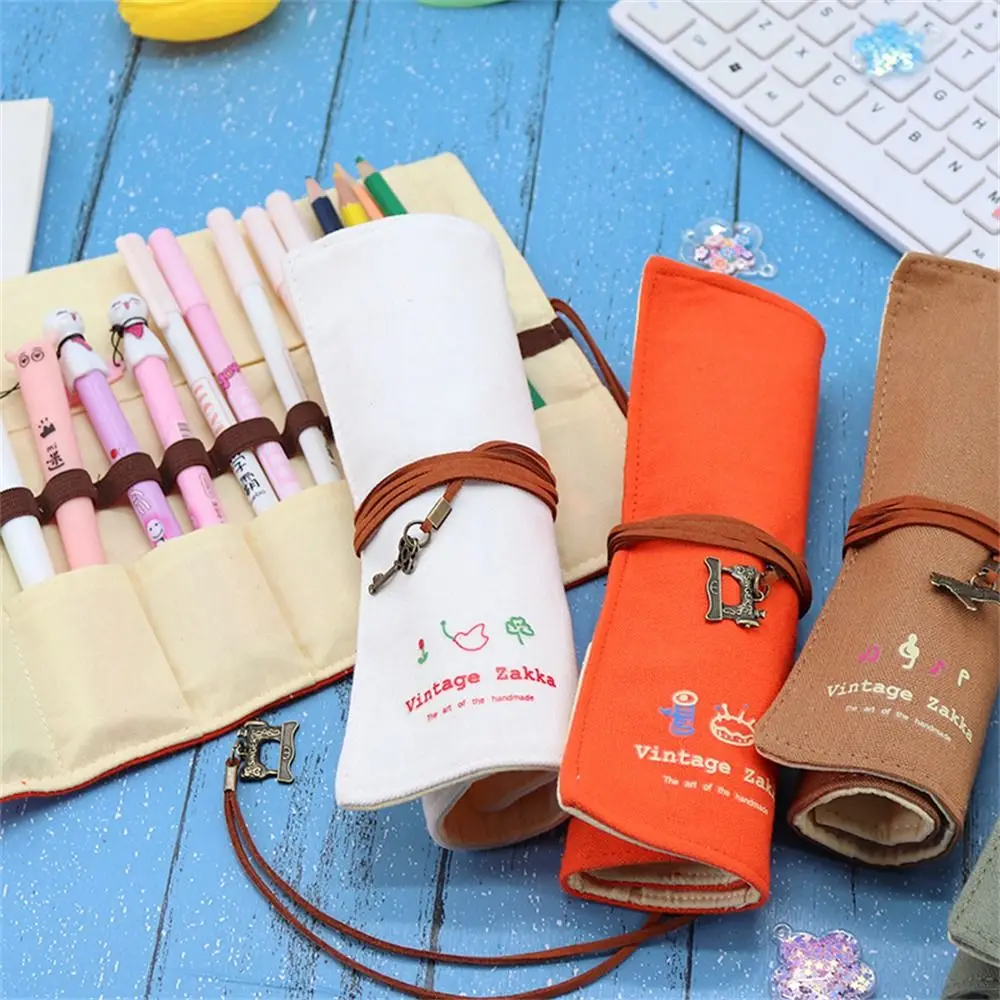 

12 Holes Pencil Case Roller Large Capacity Pencil Pouch Roll Up Pen Bag Cloth Retro Style Roll Pencil Bag Makeup Wrap Holder