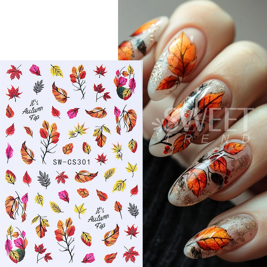 2pcs Autumn Maple Leaf Nail Art Sticker 3D Colorful Leaves Petals Design Self-Adhesive Nail Decals Sliders Manicure Decoration