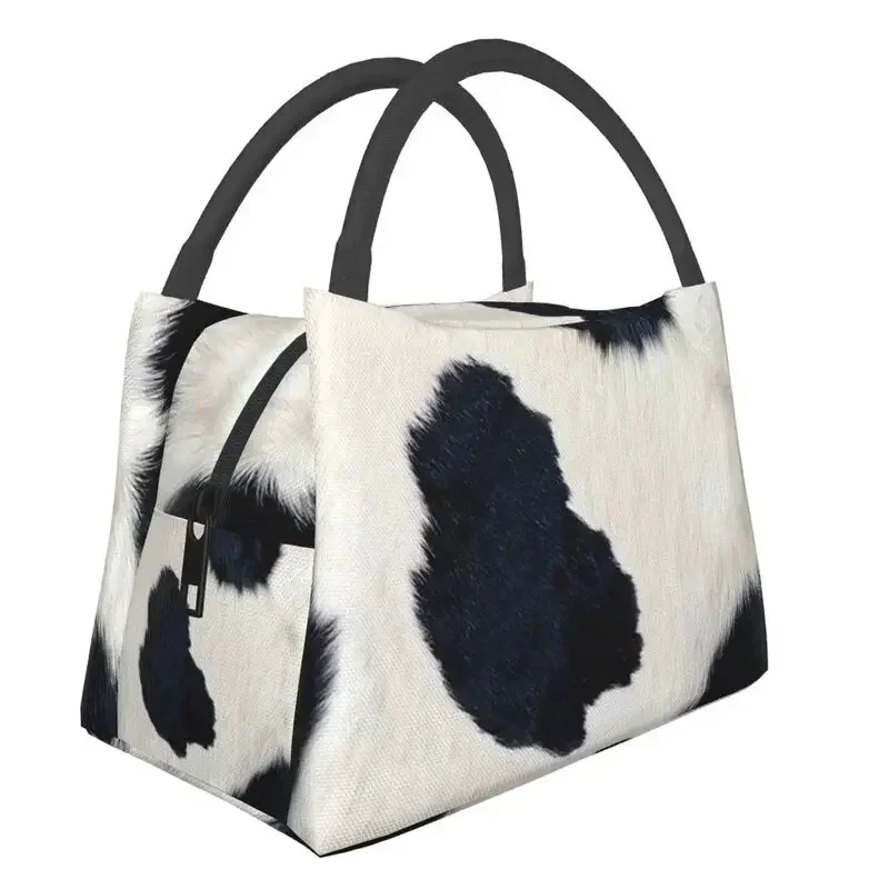 

Real Black And White Cowhide Thermal Insulated Lunch Bags Print Women Rustic Cow Faux Fur Skin Leather Resuable Meal Food Box