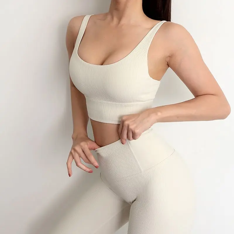 Ribbed Women Tracksuit Seamless Yoga Set Sports Gym Workout Suit 2 Two Piece Crop Top Bra Leggings Activewear Women's Clothing