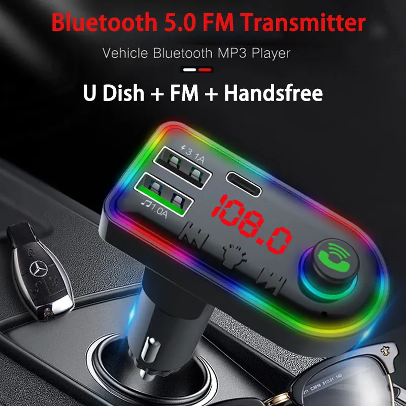 BeIilan Bluetooth 5.0 Lecteur MP3 Kit Mains Libres Transmetteur FM Soutien TF Carte U Disque Double USB Adaptateur Chargeur 