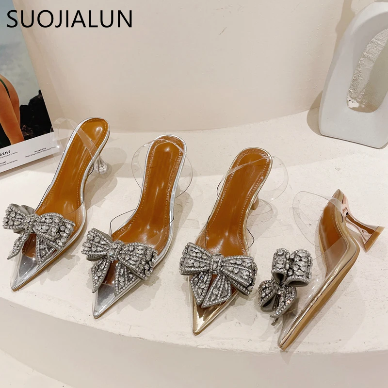 

SUOJIALUN New Brand Crystal Bow-knot Women Sandals Pointed High Heel Ladies Elegant Dress Pumps Shoes Ankle Buckle Shallow Mule