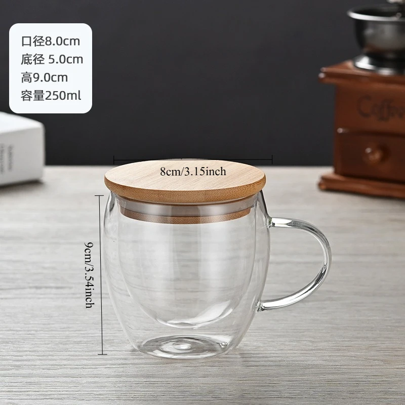 Double-Layered Insulated Glass Cup with Handle and Bamboo Lid