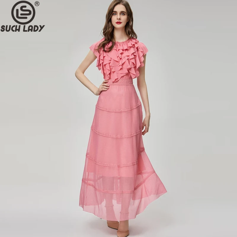 

Women's Runway Dresses O Neck Ruffles Bodice Embroidery Lace Patchwork Waist Fashion A Line Party Prom Gown