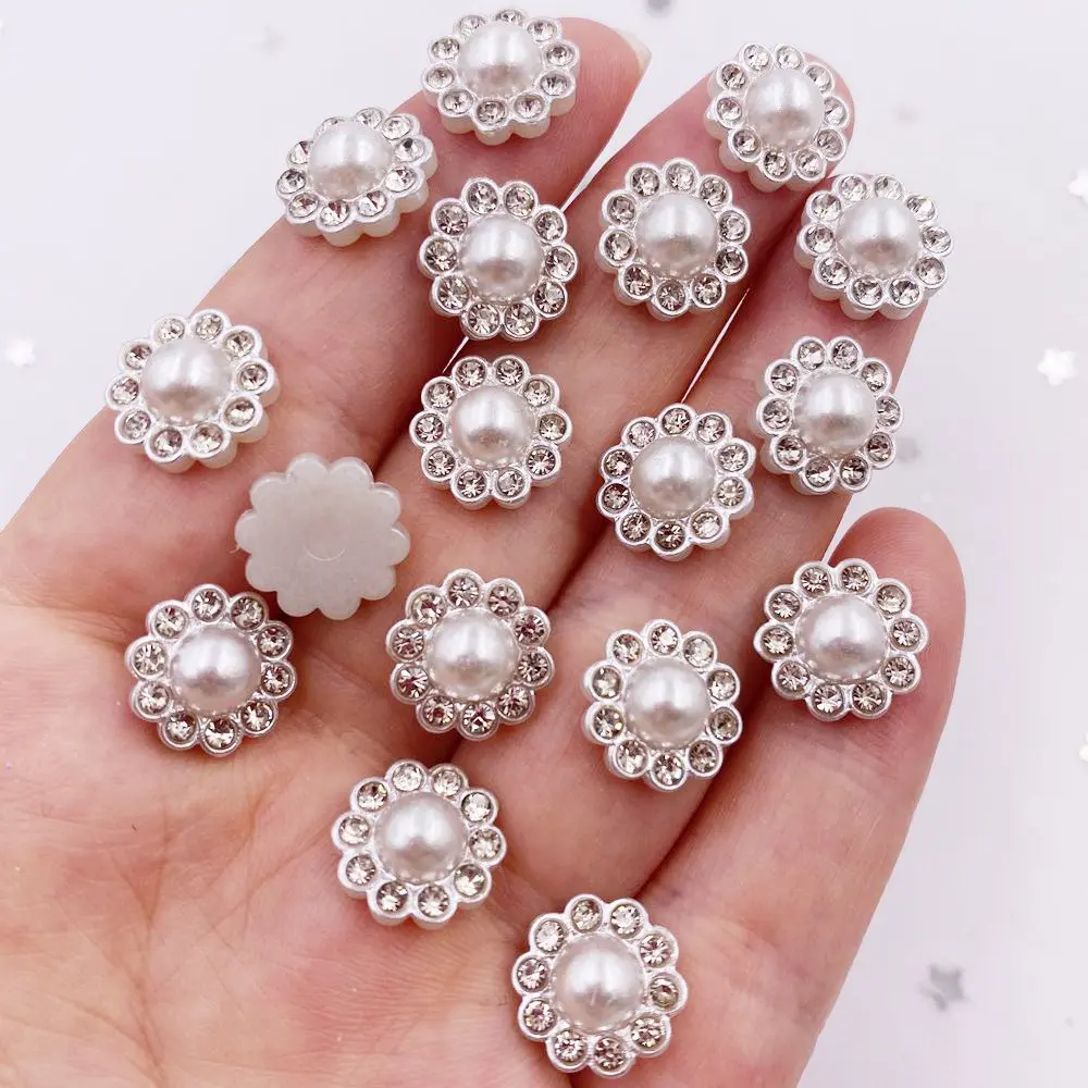 Resin Flower Round Pearl Flatback Crystals Nail Rhinestone Applique 50pcs for Wedding DIY Scrapbook Ornament Craft Accessories