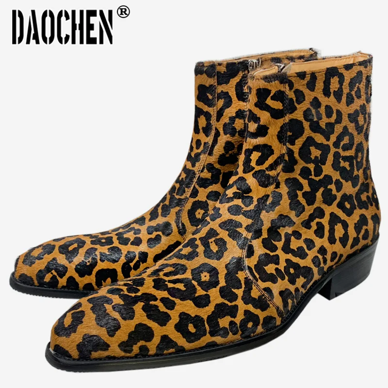 

Luxury Men Chelsea Boots Mid-Calf Boots High Grade Leopard Prints Horse Hair Zipper Casual Dress Boots Leather Shoes Men