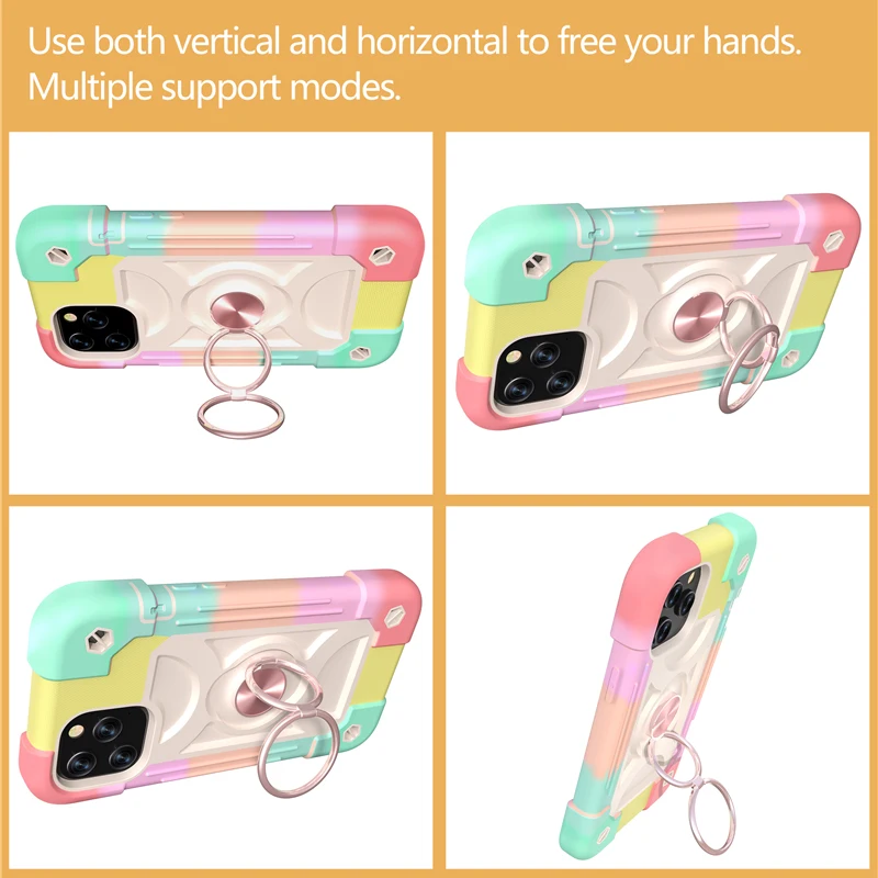 Armor Bumper Shockproof Phone Case For iPhone 14 13 12 11 Pro Max XR XS Max X 7 8 Plus Colorful Rugged Ring Holder Hard PC Cover