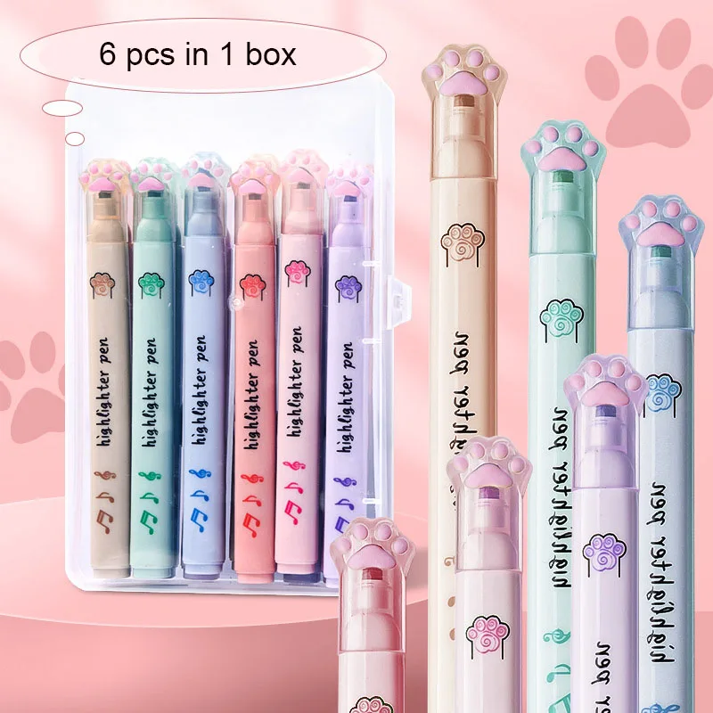 12/36pcs Creative Cat Paw 6 Colors Highlighter Kawaii Fluorescent Marker Liner Drawing Pens Office School Supplies 7pcs fluorescent highlighter marker pen school supplies stationery for paint draw triangle bar crystal highlighter pen