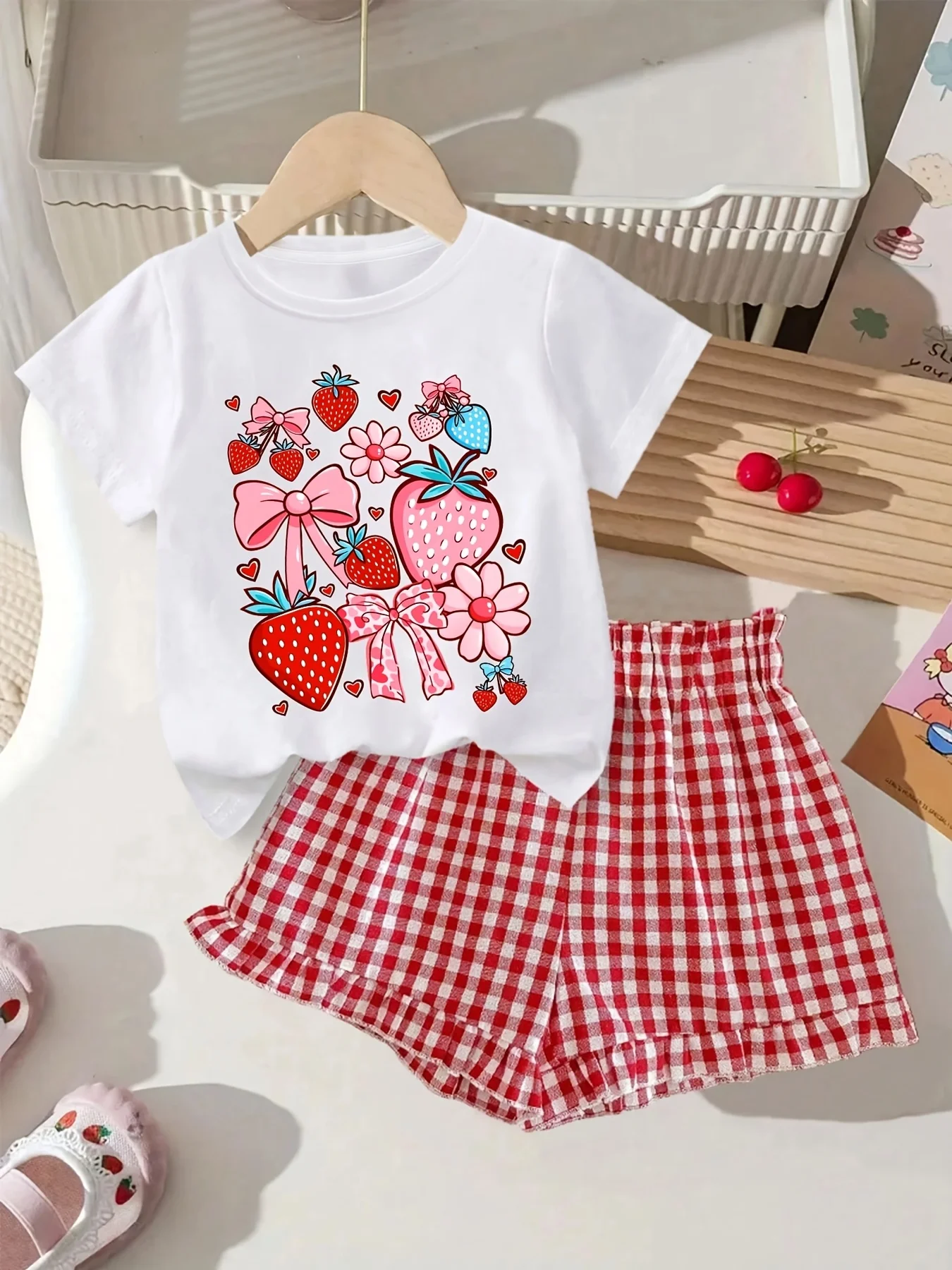 Sommerliches Freizeit-Shorts-Set für Mädchen: Süßes T-Shirt mit Erdbeer-Schleifen-Print und roten karierten Shorts, zweiteiliges Set, Rot-Weiß-Kombination, geeignet für Mädchen im Alter von 4-12 Jahren, vielseitige Kleidung für Zuhause und Ausflüge.
