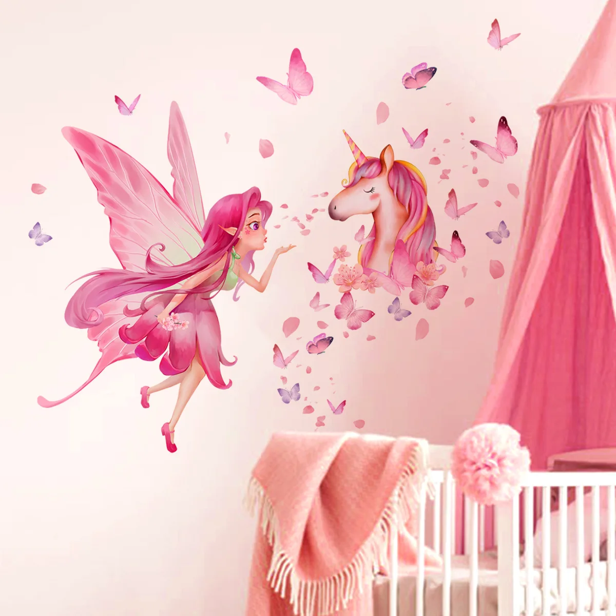 Elf Butterfly Girl Unicorn Flower Wall Stickers for Kids Room Baby