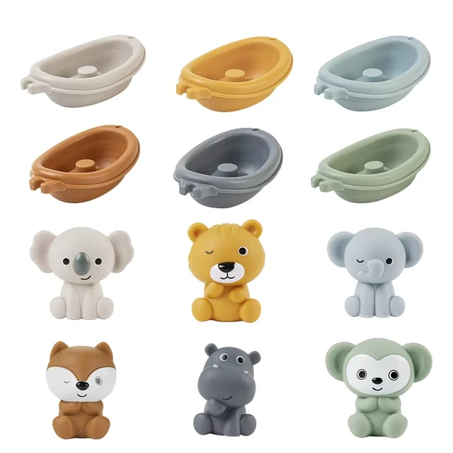 Baby Bath Toys Stacking Bath Boat Toy Silicone Adorable Animal Finger Puppets for Children Interactive Floating Squeeze Toy Gift 4