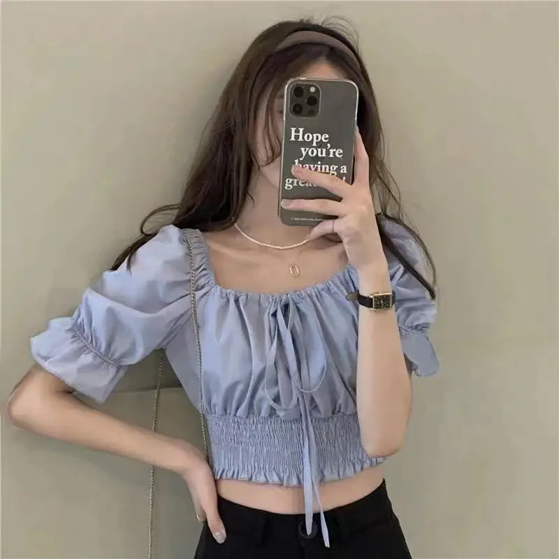 

Summer New Blue Pleated Short Tops Tees Short Sleeve Lacing Solid Color All-match Youth Shirt Tops Sweet Fashion Women Clothing