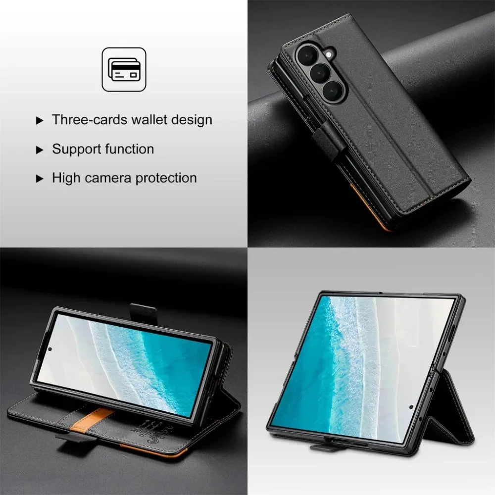 RFID Blocking PU Leather Flip Wallet Phone Case with Card Holder and Hinge Protection