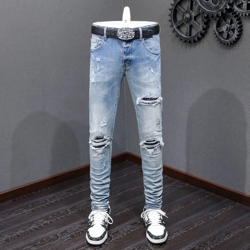 

High Street Fashion Men Jeans Retro Blue Stretch Skinny Fit Ripped Jeans Men Brand Designer Patched Hip Hop Denim Pants Hombre