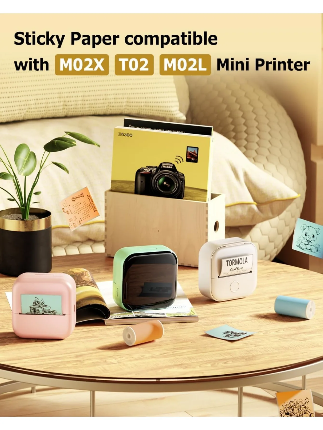 T02 Mint Green/Lavender Purple/Light Orange, Adhesive Thermal Paper, Color Printer Paper, Compatible With T02/M02X/M02L